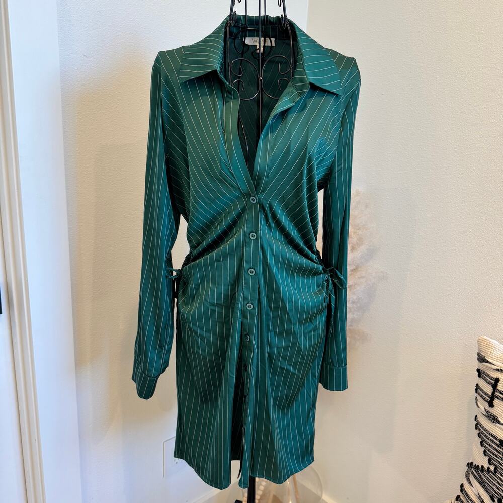WAYF Daniela Cutout Green Pinstripe Long Sleeve Shirt Dress- Small Work/Preppy